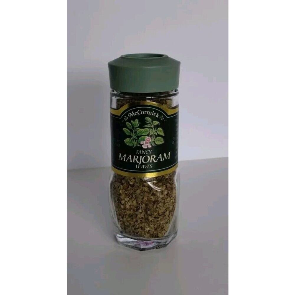 Vintage McCormick Spice Marjoram Leaves Glass Jar Green Lid .25 oz - Expired